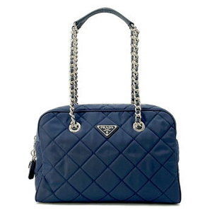 Prada Chain Shoulder Bag Quilted Nylon Black Navy Blue